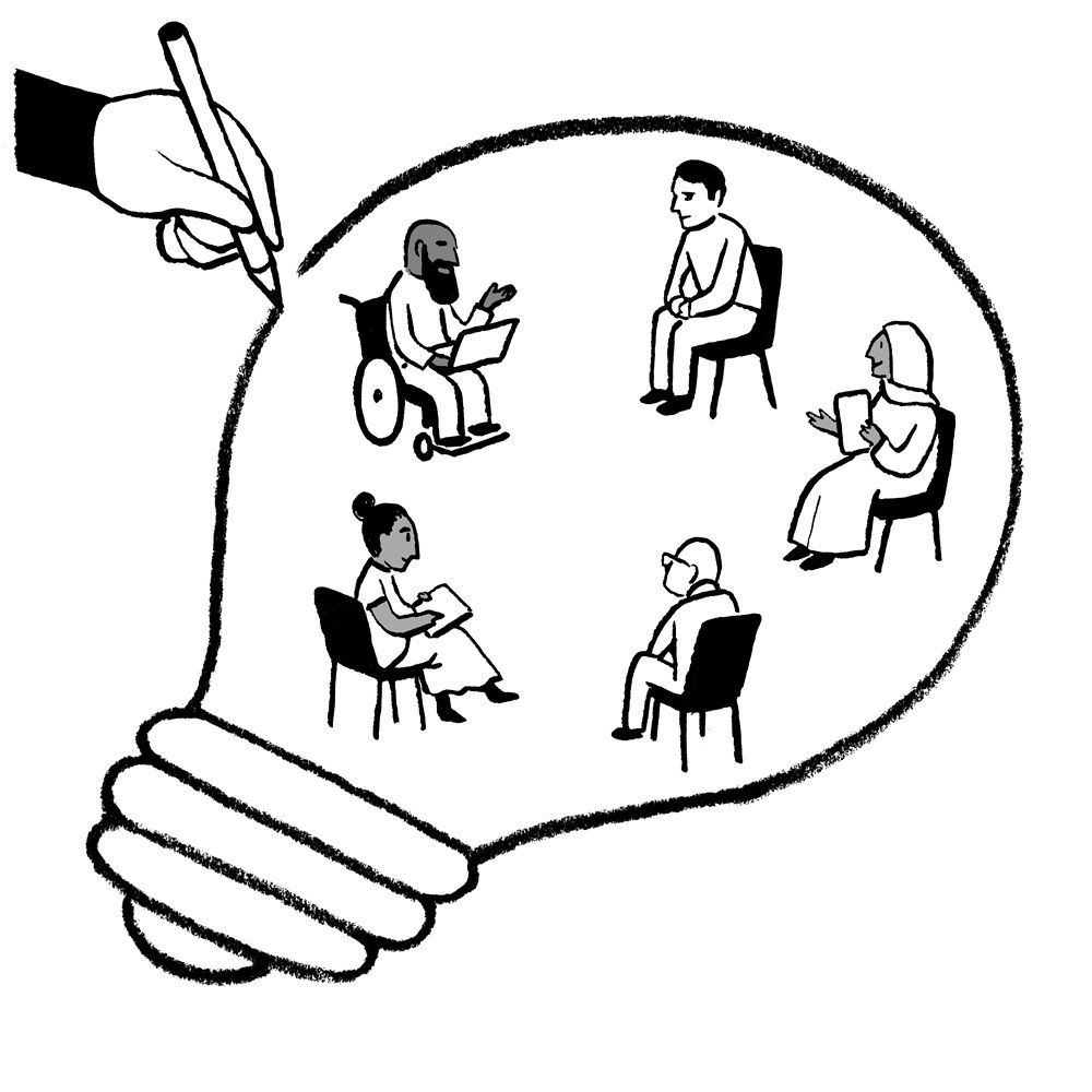 graphic of a hand drawing a lightbulb with people sat on chairs in a circle inside