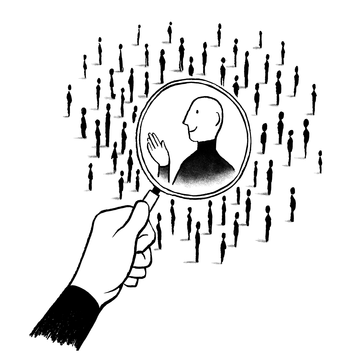 Graphic of a crowd of people with a hand holding a magnifying glass focusing on one person