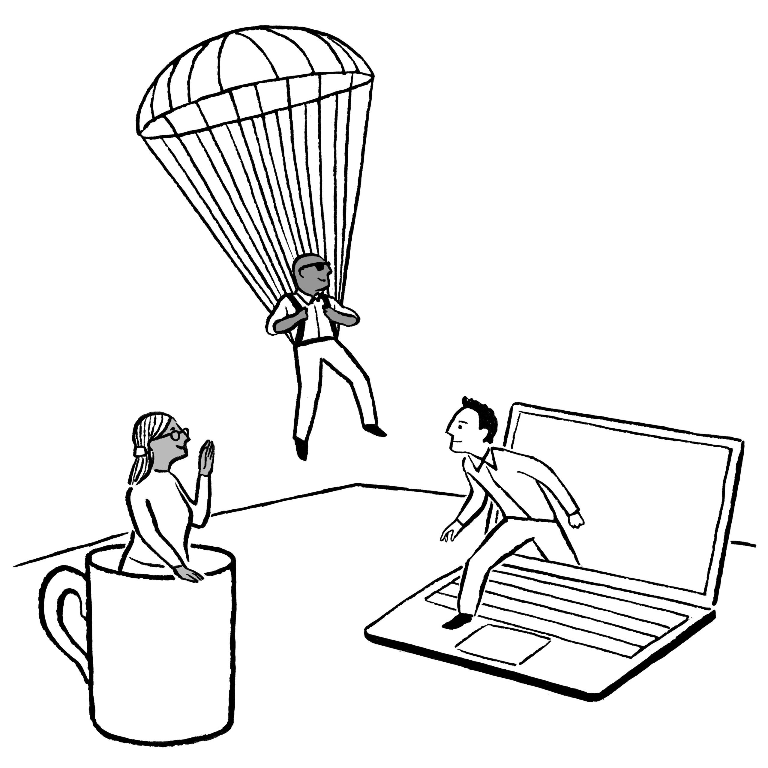 graphic of a woman in a mug, a man stepping out of a laptop and a man parachuting