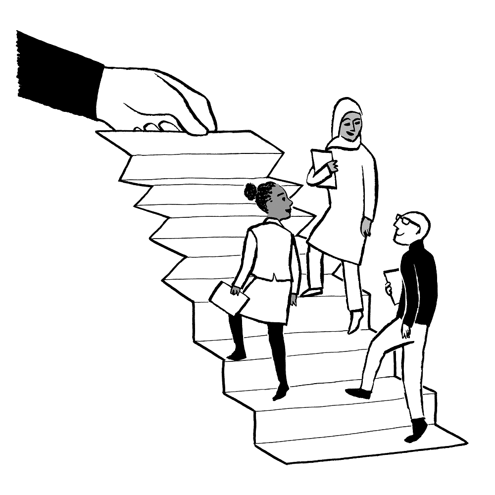 cartoon graphic of people walking up stairs