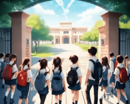 Craiyon AI generated image of school children entering school. a school gate with a welcoming archway, students with eager expressions, and the vibrant energy of a new school day. 