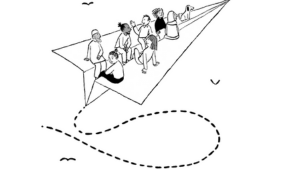 People on a paper plane black and white illustration for website menu item