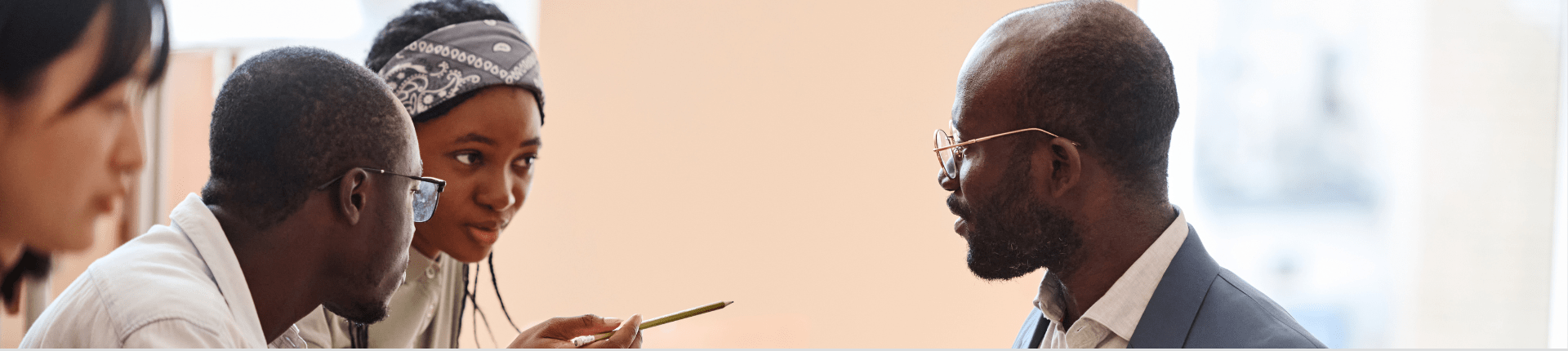 Banner for Blog 5 questions CEOs should ask about EDI (Equity, Diversity Inclusion) Mona Vadher (1920 x 430 px), 3 black and 1 chinese person