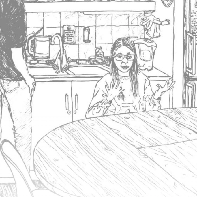 sketch of woman sat at table in kitchen