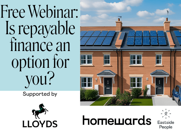 Social Investment webinar website event post with Lloyds and Homewards logos and houses with solar panels