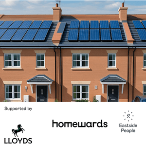 Social Investment webinar website resource Lloyds-Homewards (640 x 200 px) (600 x 450 px) some hosues with solar panels plus Lloyds and Homewards logos