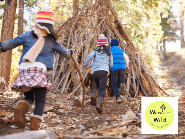 Wander Wild Forest School Case Study Website Post children runing into a wigwam built out of sticks
