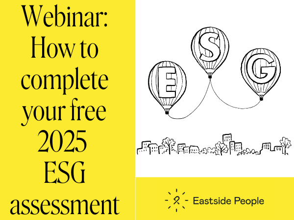 Website post image Webinar 26th June, how to complete your ESG survey 3 balloons and Eastside People logo
