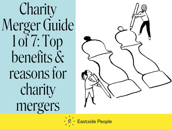 Illustration of 2 people drawing next to salt and pepper pots. Charity Merger Guide 1 of 7 benefits & reasons for charity