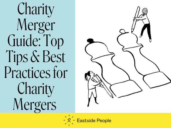 Illustration of 2 people with pencils around a salt and pepper pot. Charity Merger Guide 7 blogs Resources Page Website Banner