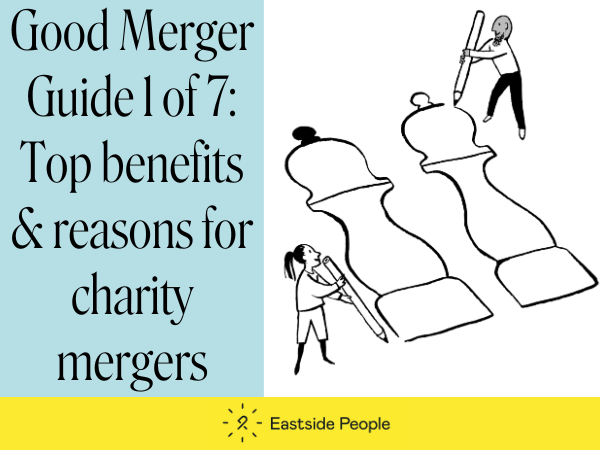 Illustration 2 people with salt and peper pots pluswording New Good Merger Guide 1 of 7 benefits & reasons for charity merger