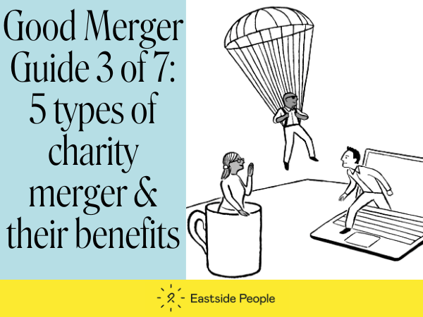 3 people black and white illustration, mug, laptop, parachute. Writing New Good Merger Guide 3 of 7 Key types, characteristics & b