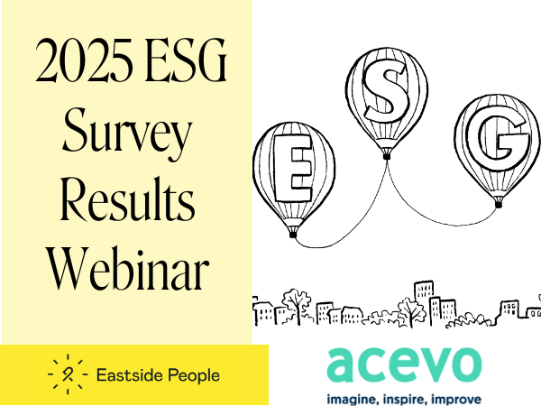 2025 ESG Survey Results Webinar Event website post. 3 ESG balloons, ACEVO logo
