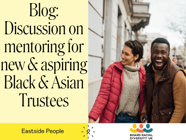 Image for blog BRD Action Not Words Blog Website Post. wording and 2 people (asian and black looking happy).