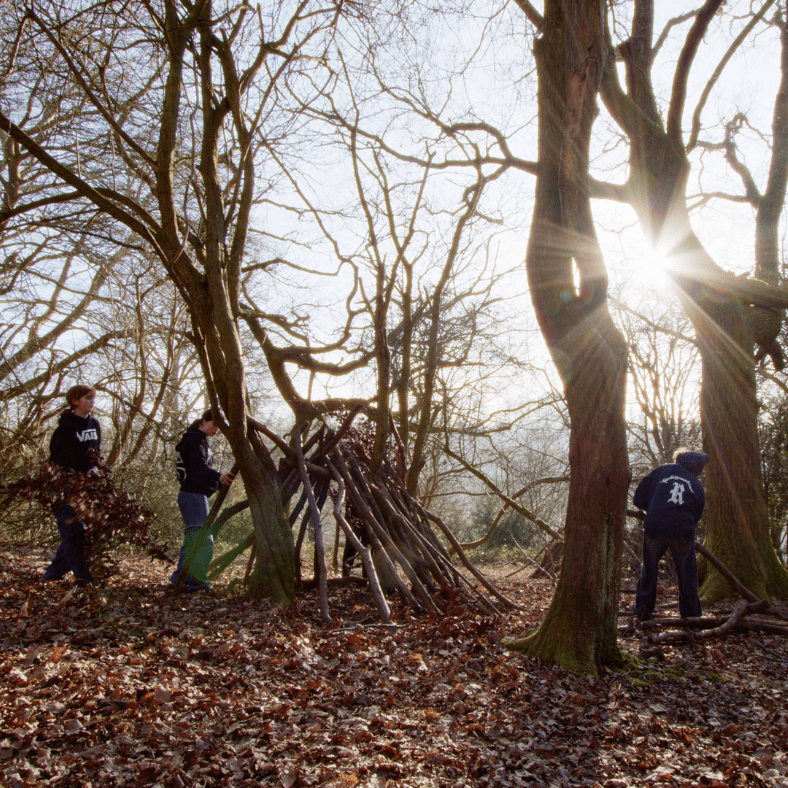 The Eikon charity people building a shelter from logs in woodland