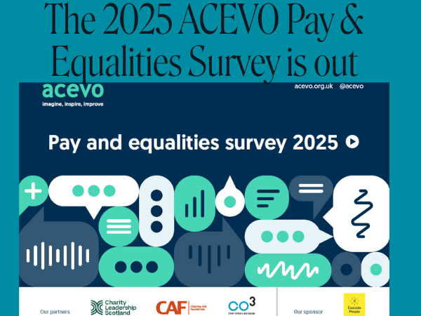 ACEVO Pay & equalities survey 2025 out (600 x 450 px) plus logos of ACEVP, Eastside People, CO3, CAF, Charity leadershipo Scotland