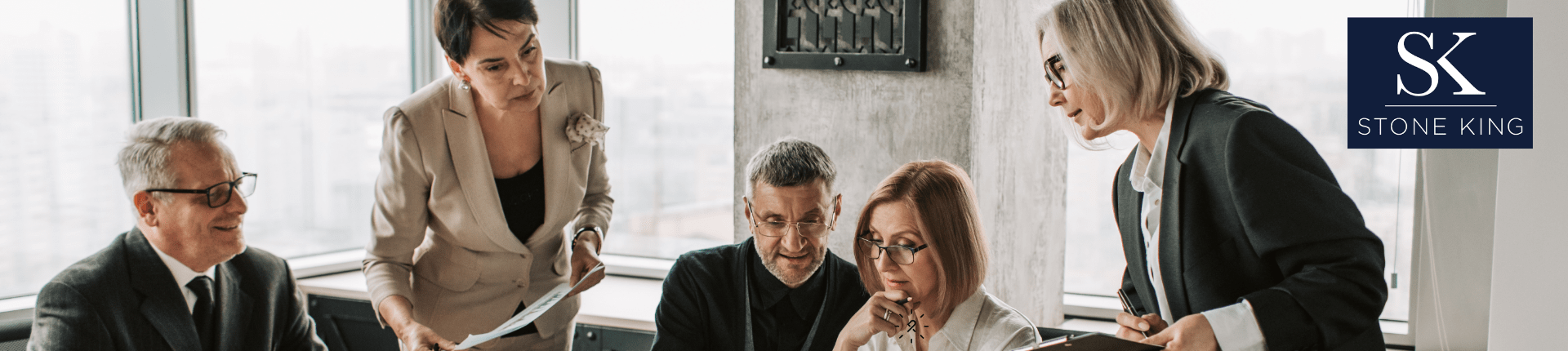 Festival of Trusteeship Blog Stone King charity closure website banner 5 people in a meeting looking serious