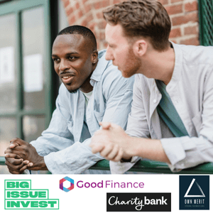 Social Investment webinar Nov 25 Website Resource Post with logos of Good Finance, charity bank, Own Merit and Big Issue Invest