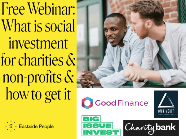 Social Investment webinar Nov 25 website post (600 x 450 px) with logos of Own Merit, Charity bank, Big Issue Invest and Good Finance