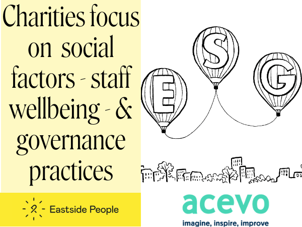 2025 Press Release website post ESG Survey Results words Charities focus on social factors - staff wellbeing - & governance practices plus 3 balloon image and ACEVO logo