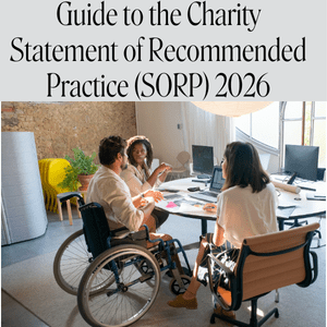 Words Charity Statement of Recommended Practice SORP 2026 Resource plus photo of 3 people sitting at a table, 2 female and 1 male in a wheelchair