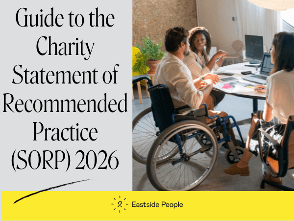 Words Charity Statement of Recommended Practice SORP 2026 Resource plus photo of 3 people sitting at a table, 2 female and 1 male in a wheelchair