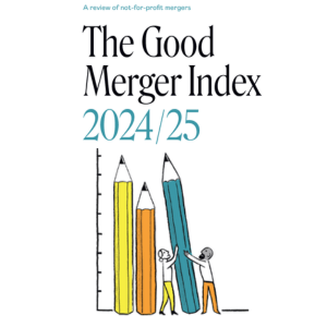 Good Merger Index 24-25 Wording and illustration of 2 people holding up a blue pencil alongside an orange and yellow pencil in a graph