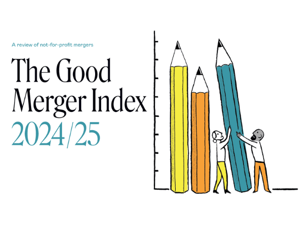 Good Merger Index 24-25 Wording and illustration of 2 people holding up a blue pencil alongside an orange and yellow pencil in a graph