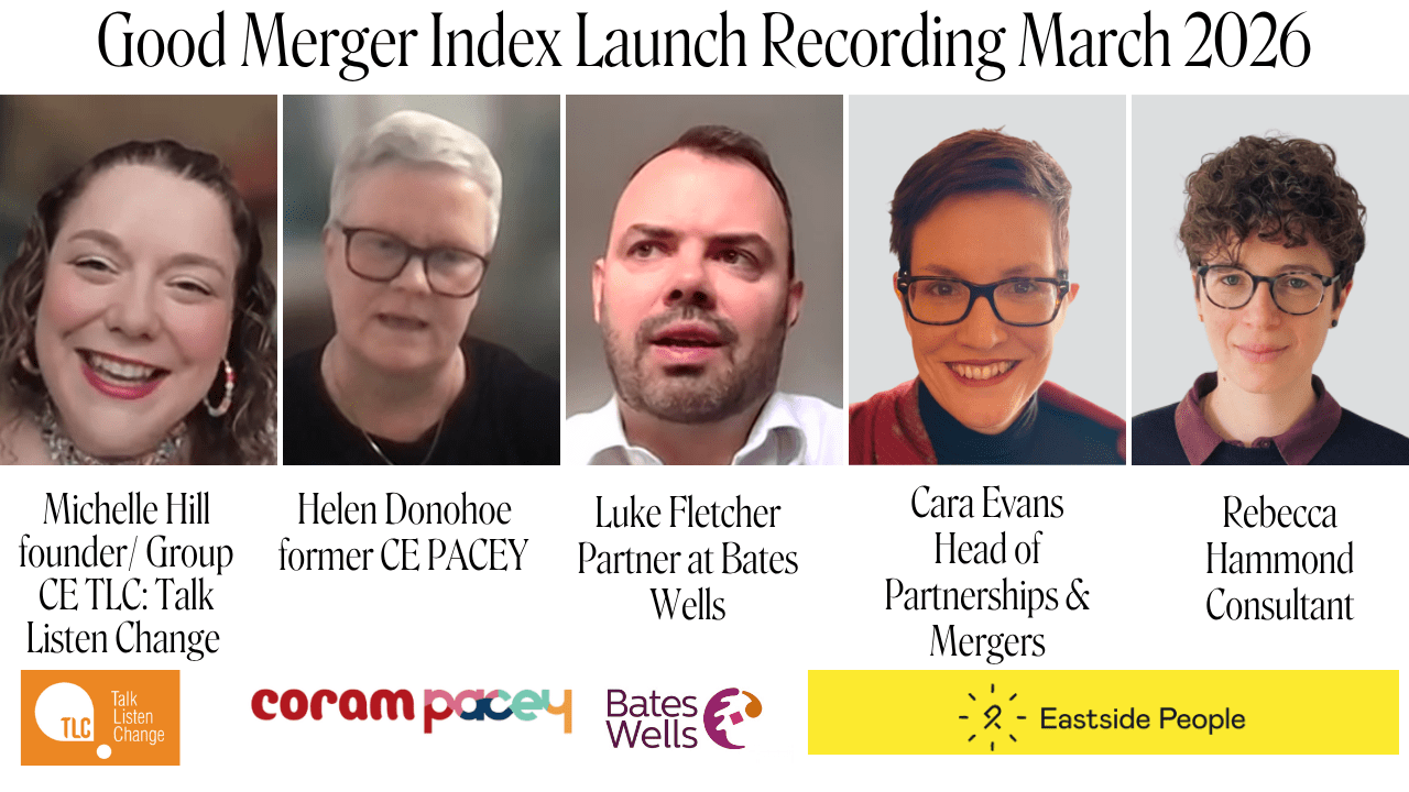 Good Merger Index 24-25 launch event recording Topic banner with photos of Michelle Hill founder/ Group CE TLC: Talk Listen Change, Helen Donohoe former CE PACEY, Luke Fletcher Partner at Bates Wells, Cara Evans Head of Partnerships & Mergers and Rebecca Hammond Eastside People consultant.