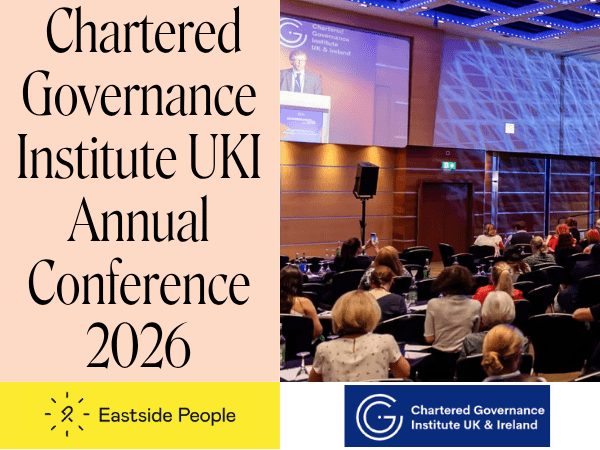 Chartered Governance Institute 2026 Conference words, logs and a photo of a session