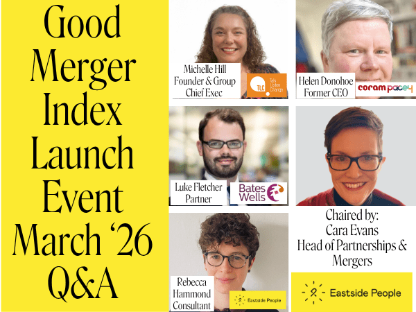 Good Merger Index 25-26 Q&A Blog photos of panellists Michelle Hill, Helen Donohoe, Luke Fletcher, Cara Evans and rebecca Hammond plus their organisational logos.
