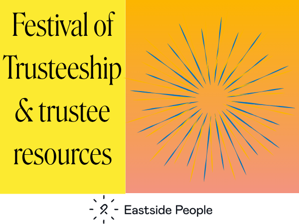 New colours 2026 Festival of Trusteeship and trustee resources starburst blue and yellow on coral and yellow background