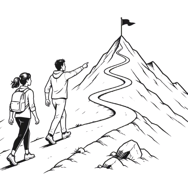 Executive Coaching and Advisory Illustration black and white style 2 people (Female and male) hiking up a mountain. The man is pointing at a flag at the top.