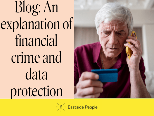 Financial Crime & data protection Blog website post a man on teh telephone holding a credit card looking worried