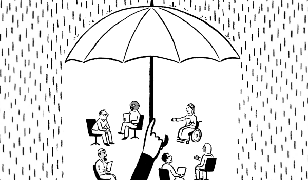 People sitting underneath a huge umbrella in the rain illustration