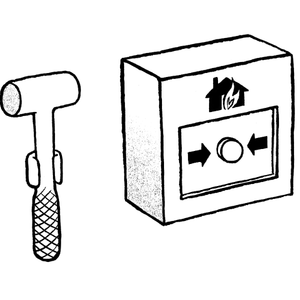 An illustration of a fire alarm box with a hammer next to it for breaking the glass. Crisis Management