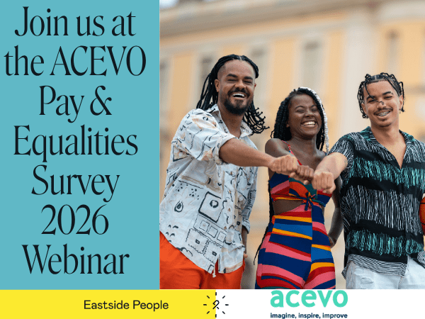 ACEVO Pay & equalities survey 2026 event partner. Webinar event 24th November 2026. Image of 3 people plus ACEVO logo.